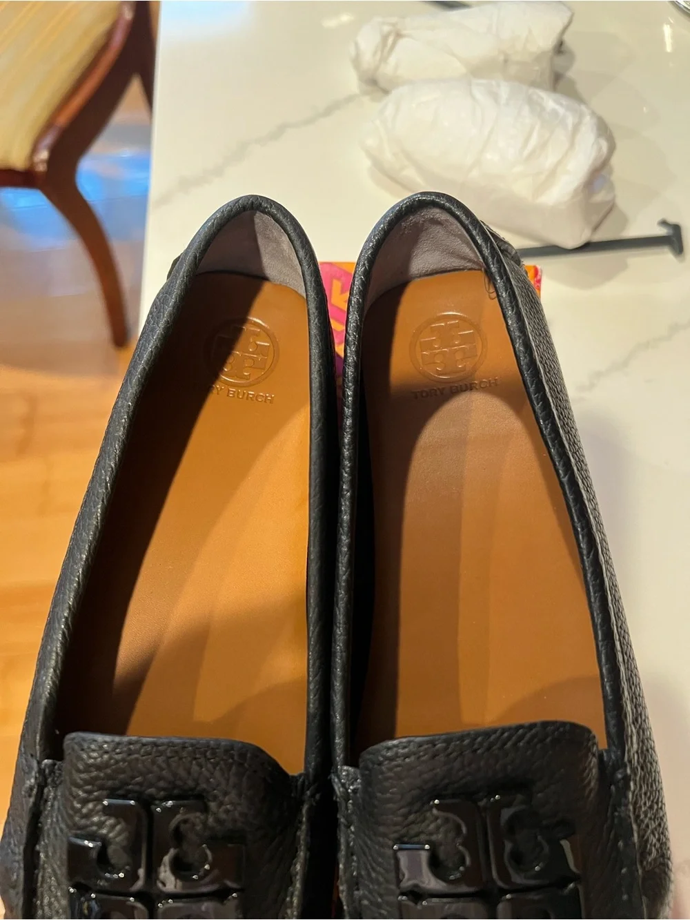 Tory Burch Black Pebbled Leather Logo Loafers